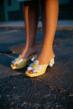 Summer Bloom Sandals With Square Toe Oversized Flower Detail Open Back And Chunky Block Heel
