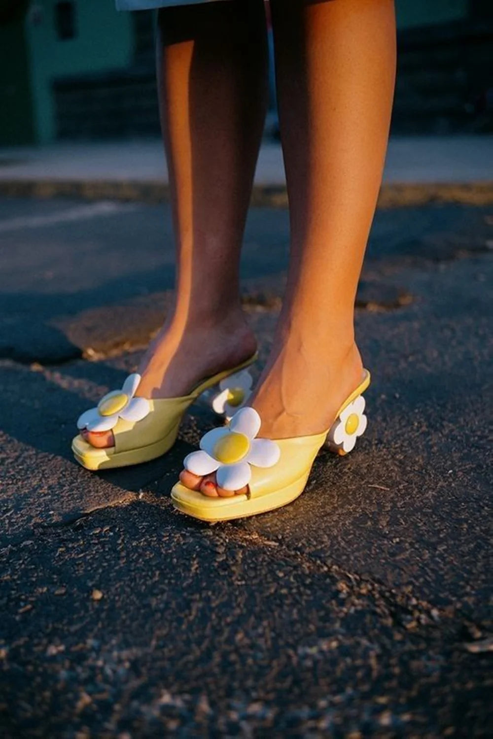 Summer Bloom Sandals With Square Toe Oversized Flower Detail Open Back And Chunky Block Heel