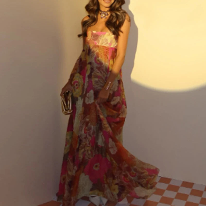 Off Shoulder Pleated Long Party Dress With Print