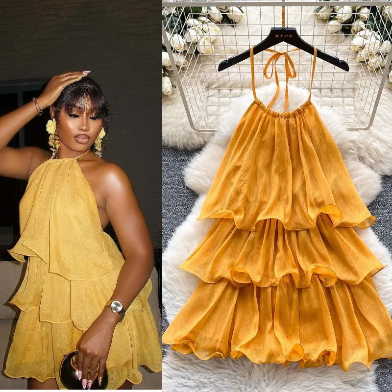 Cascading Ruffles Lace Up Halter Backless Dress