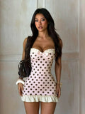 Sweet Spaghetti Strap Polka Dot Dresses Sexy Sleeveless Bowknot Ruched Mini