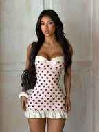 Sweet Spaghetti Strap Polka Dot Dresses Sexy Sleeveless Bowknot Ruched Mini
