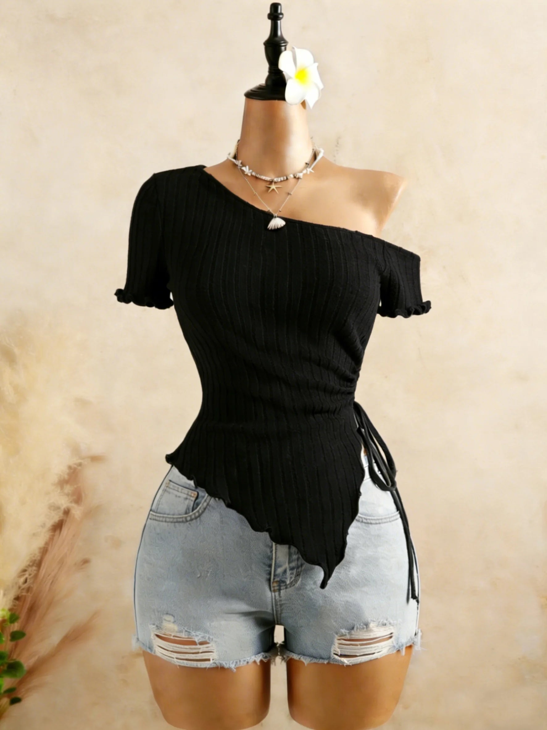 Ribbed One Shoulder Top With Asymmetrical Hem, Drawstring Ruched Detailing