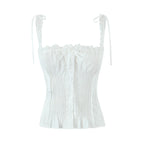 White Lace Trim Crop Top With Ribbon Bow Collar