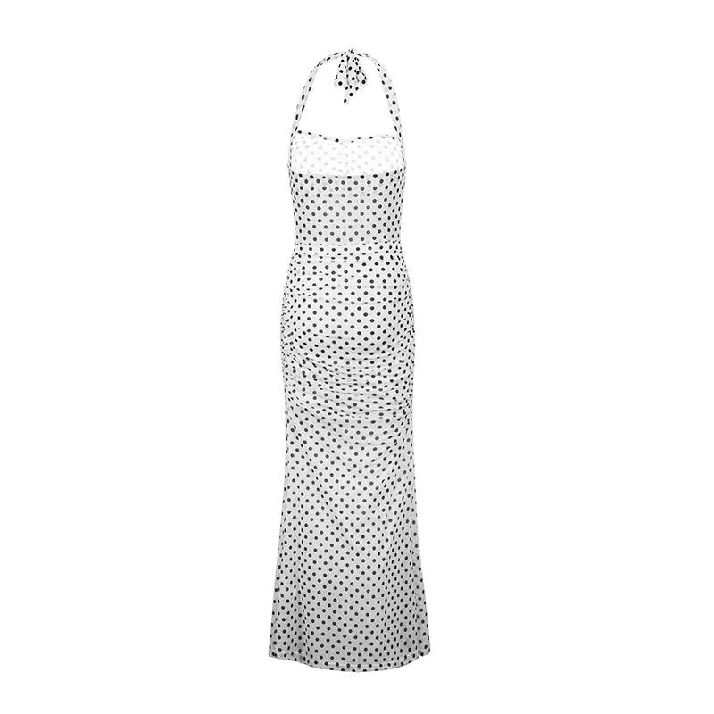 White Polka Dot Chiffon Backless Strapless Dress With Empire Waist