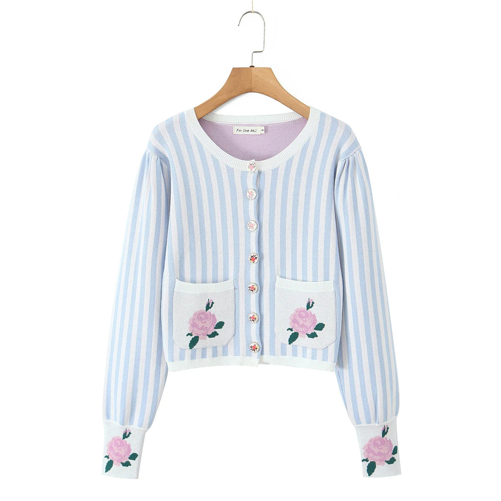 Sweet Blue White Striped Button Through Pointelle Knit Cardigan Sweater Woman Full Puff Sleeve Jumper Cropped Knitwear