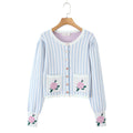 Sweet Blue White Striped Button Through Pointelle Knit Cardigan Sweater Woman Full Puff Sleeve Jumper Cropped Knitwear