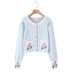 Sweet Blue White Striped Button Through Pointelle Knit Cardigan Sweater Woman Full Puff Sleeve Jumper Cropped Knitwear
