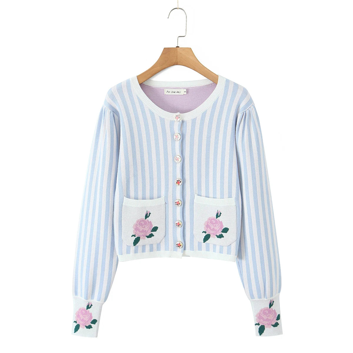 Sweet Blue White Striped Button Through Pointelle Knit Cardigan Sweater Woman Full Puff Sleeve Jumper Cropped Knitwear