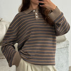 Vintage Rib Knitted Striped Collared Sweater Loose Long Sleeve Pullover Knit Top