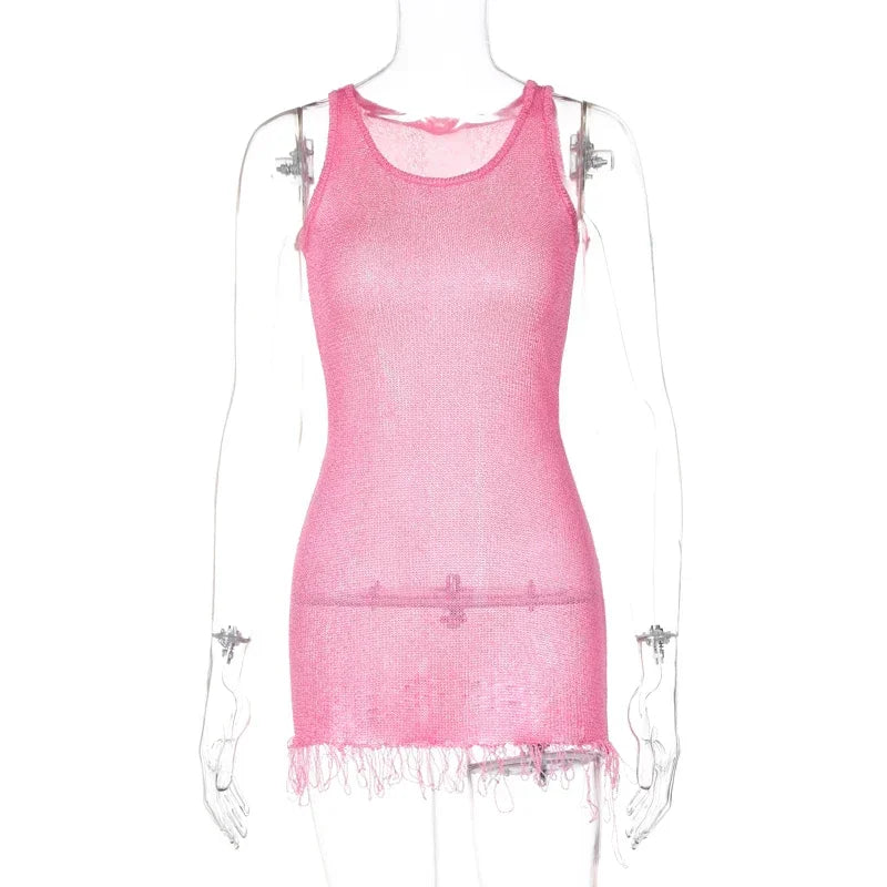 Knit Mini Dress With Tassels And Glitter