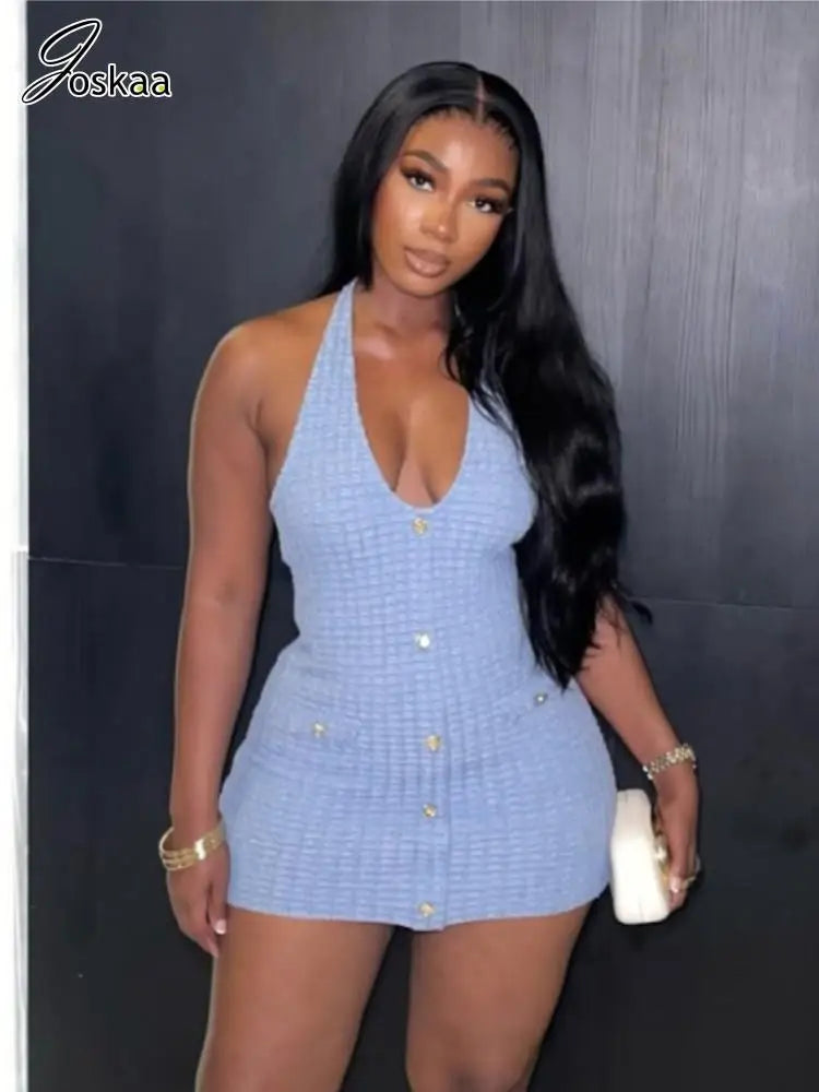 Halter V Neck Backless Knit Mini Dress For Women Figure Flattering Fit