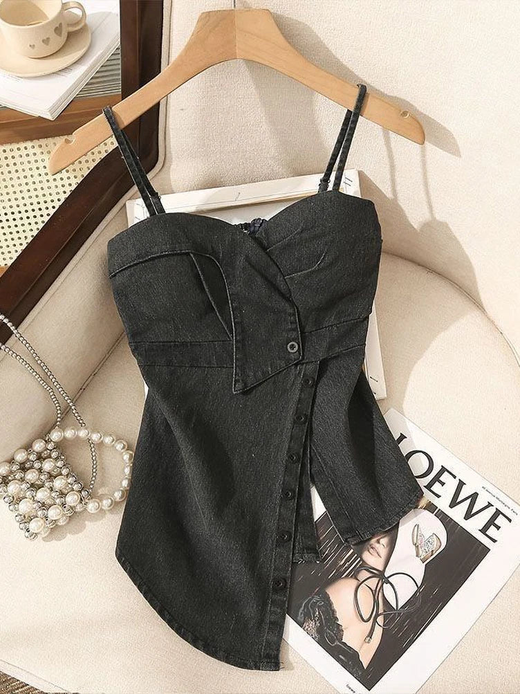 Denim Bustier Camisole Crop Top With Removable Strapless Corset