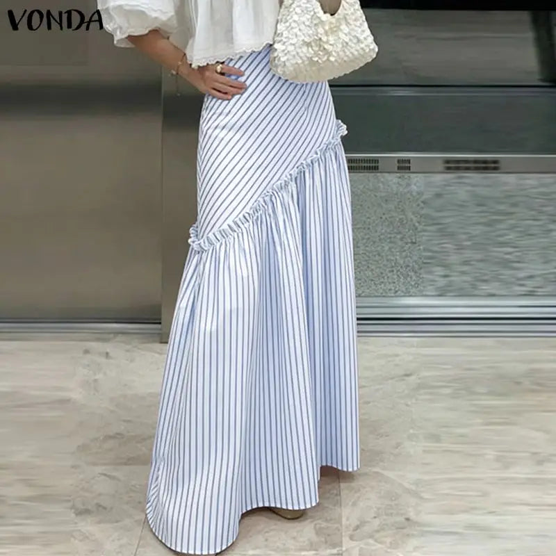 Striped Ruffle Maxi Skirt With High Waist Plus Size Floor Length