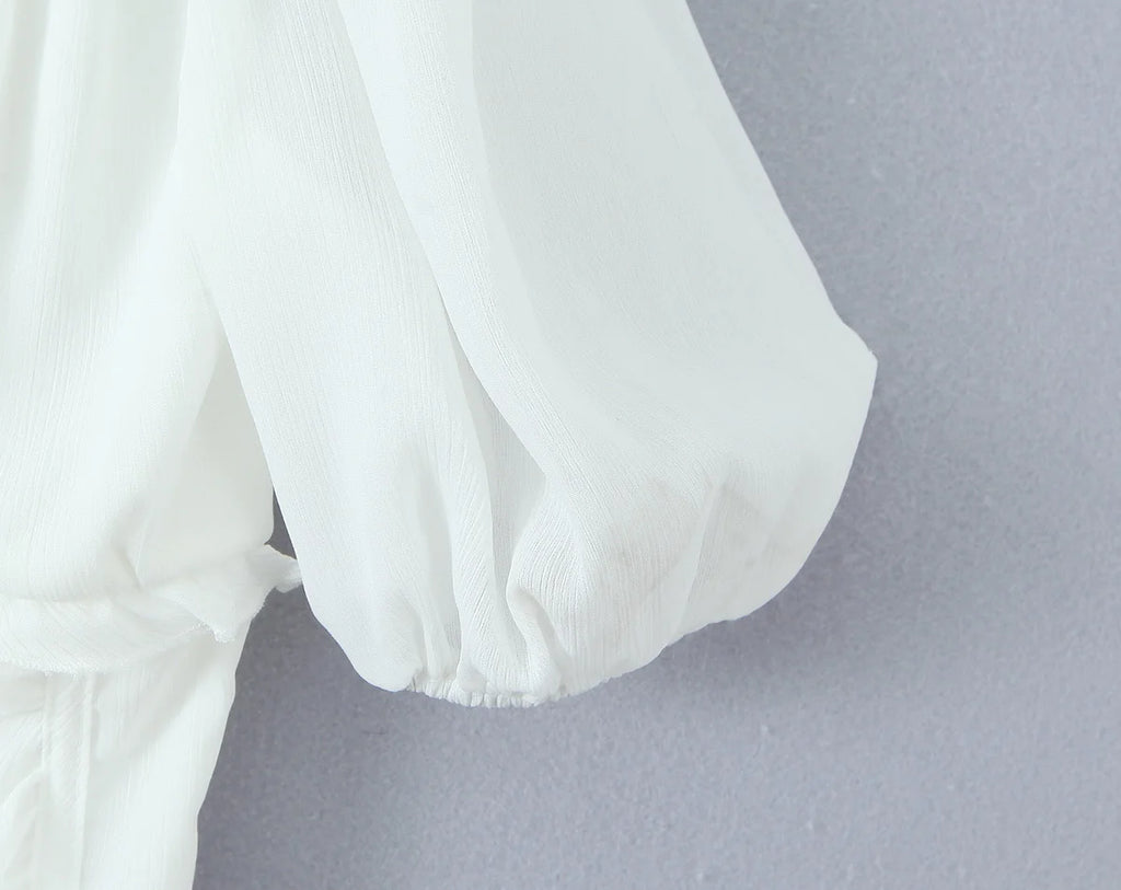 Sunlit Vintage Puff Sleeve V Neck White Chiffon Crop Top Blouse