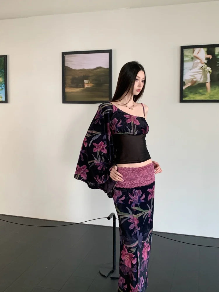 Floral Vintage Velour Off Shoulder Two Piece Set