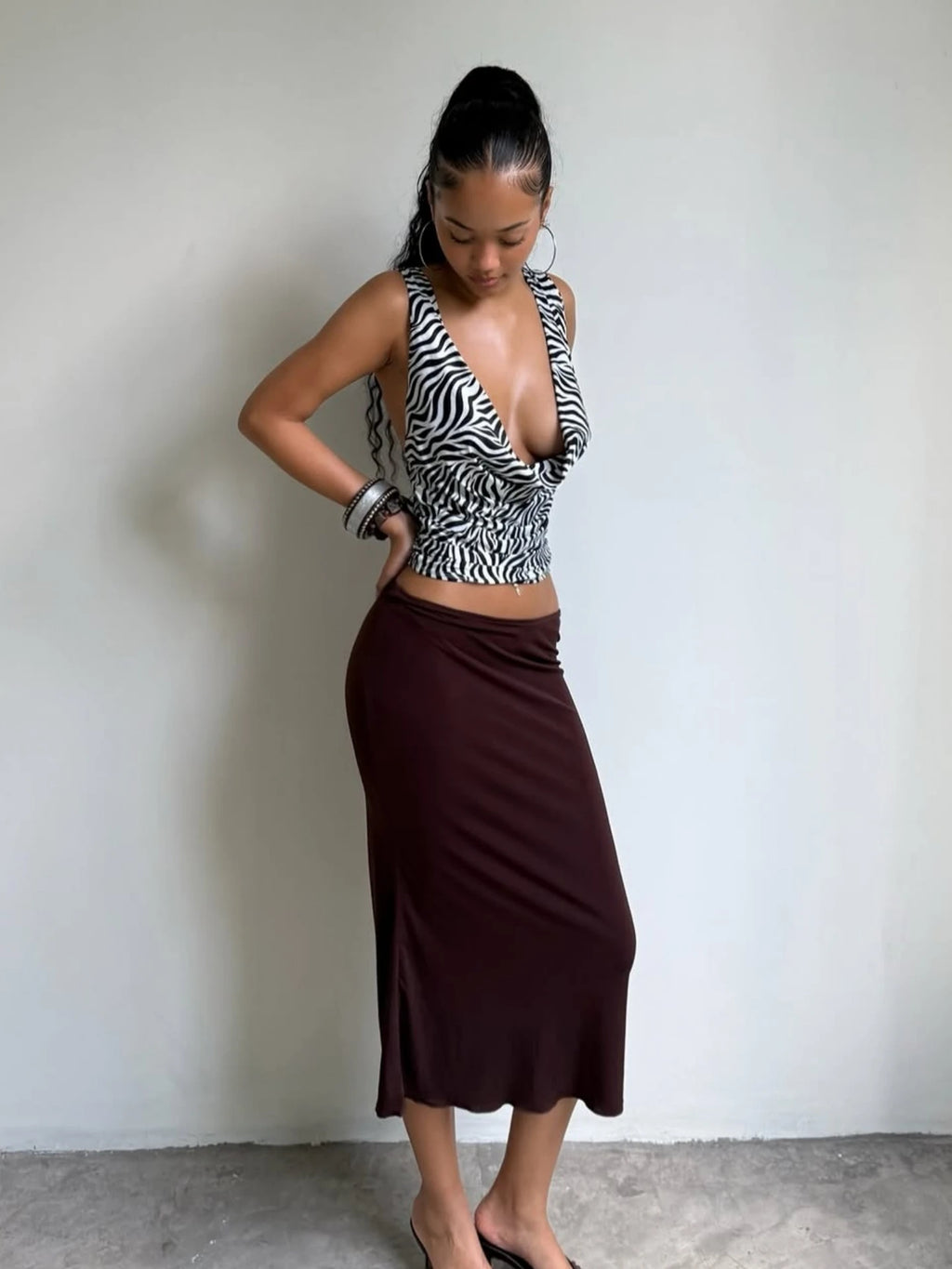 Zebra Print V Neck Backless Ruched Crop Tank Top