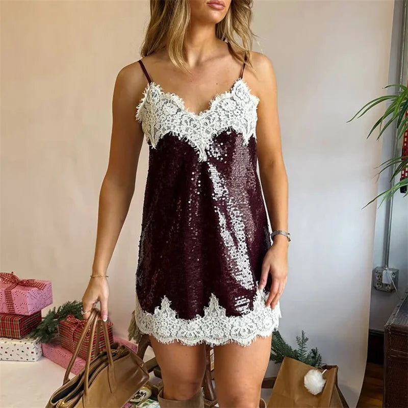 Shiny Sequin Sleeveless Patchwork Lace Mini Dress V Neck