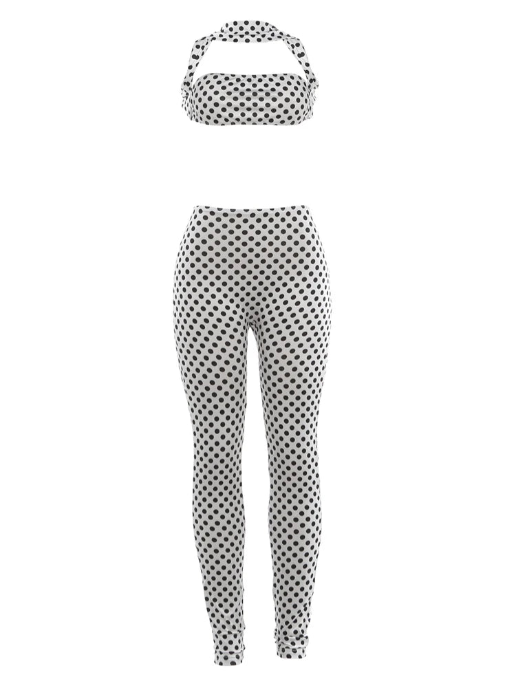 Dot Print Halter Top And Slim Leggings Set