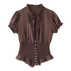 Lightweight Blouse With Puff Sleeves Tie Neck Ruffle Collar Retro Style