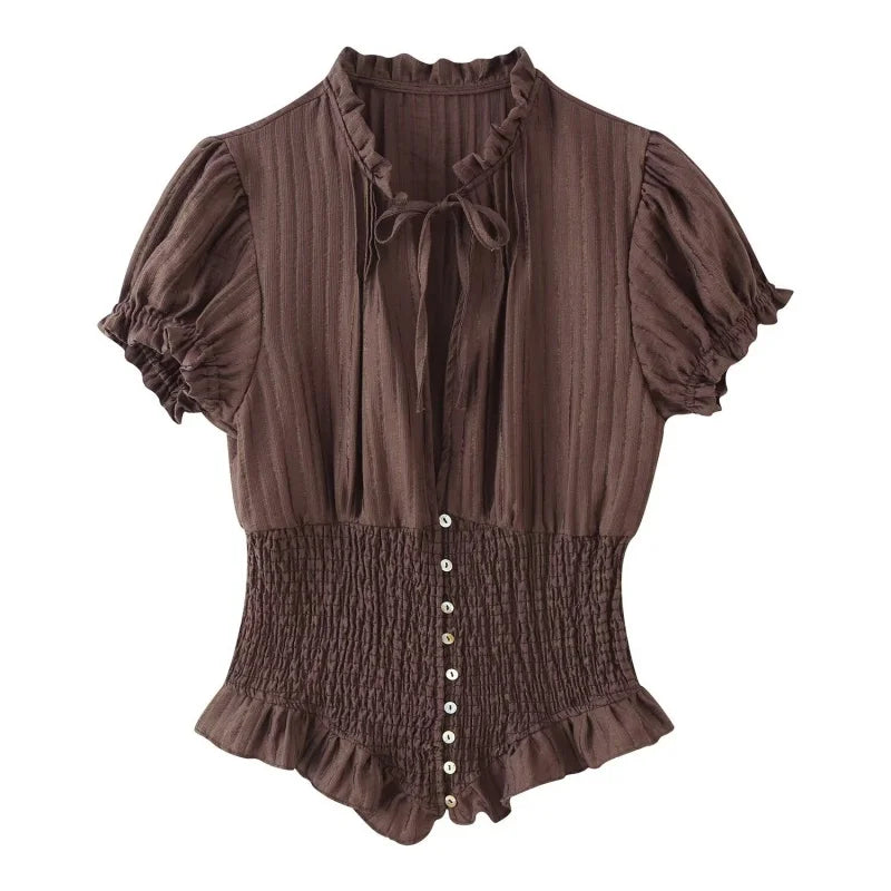 Lightweight Blouse With Puff Sleeves Tie Neck Ruffle Collar Retro Style