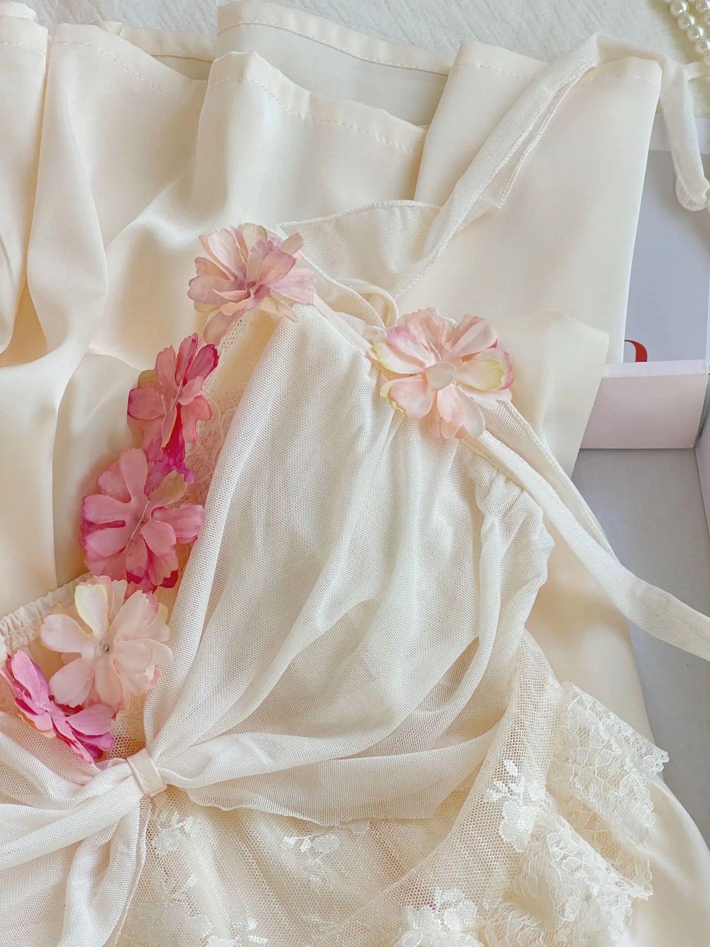 Satin Nightgown Women Fairy Princess Style Nightdress Sexy Flower Trim Sleepwear