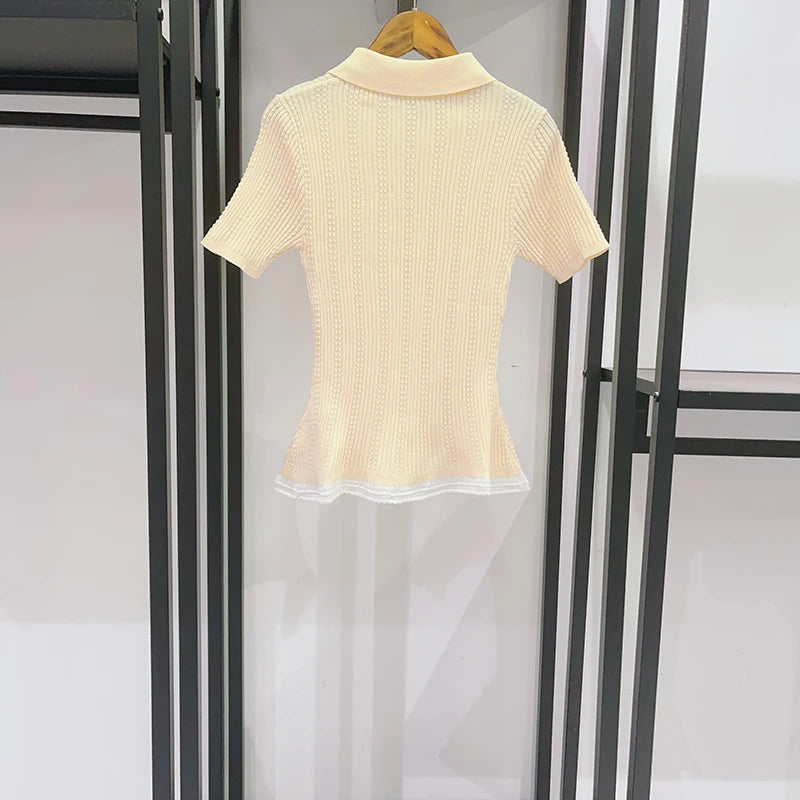 French Hem Lace Stitching Twist Knit Sweater With Turn Down Collar Slim Short Sleeve Top