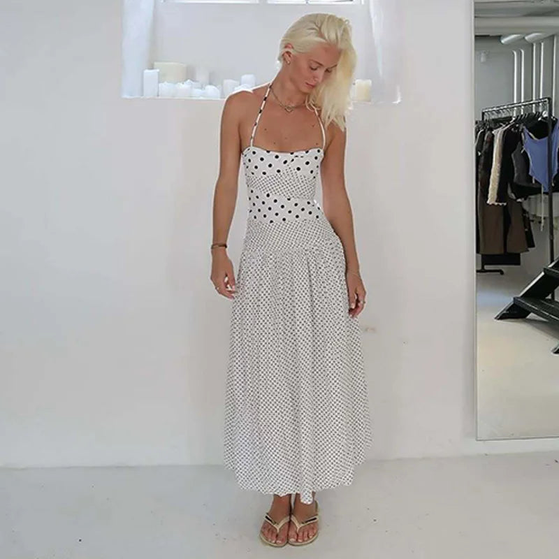 Backless Lace Up Polka Dot Maxi Dress