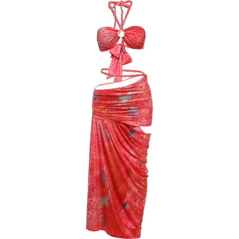Two Piece Halter Top And Hollow Slash Maxi Skirt Set