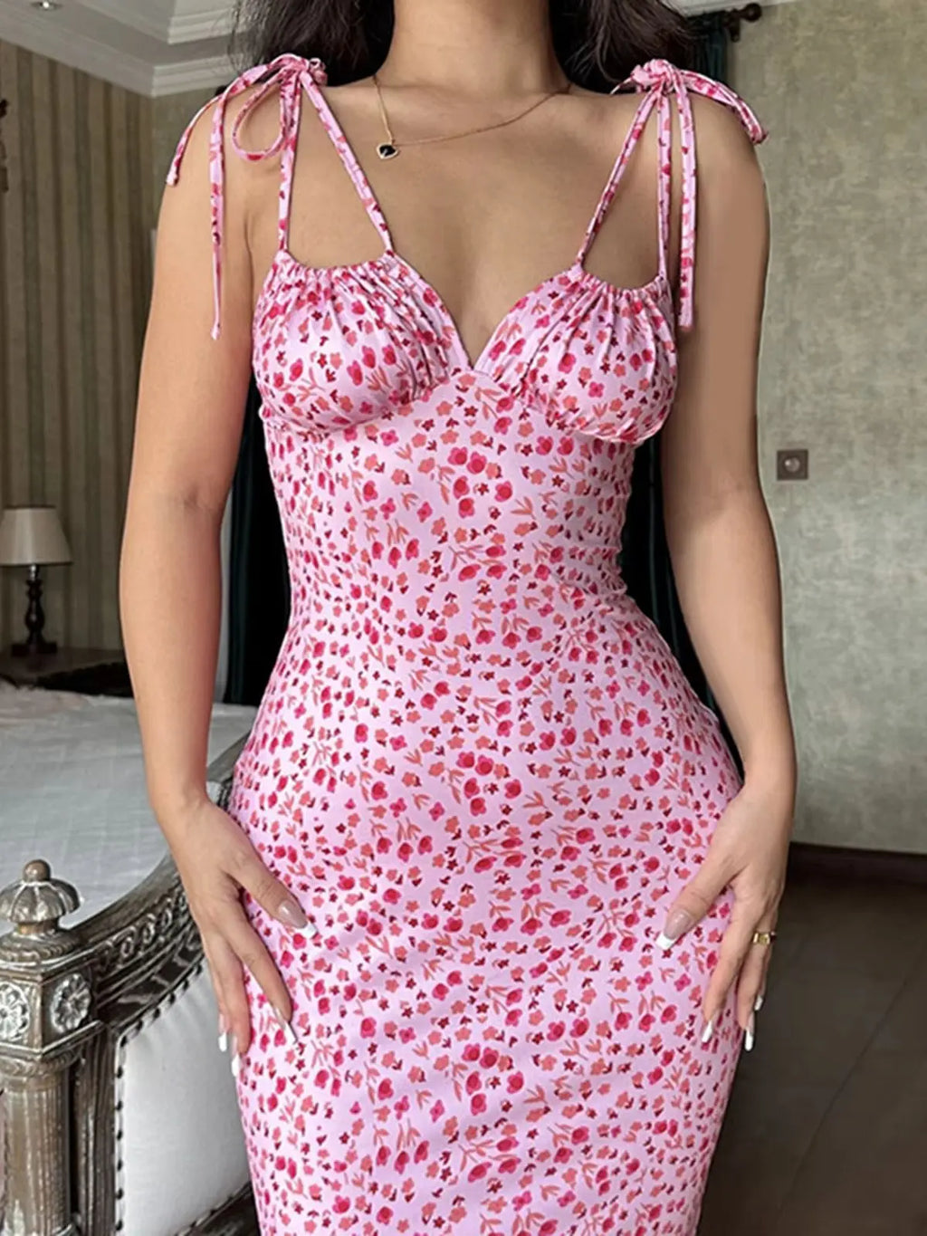 Floral Midi Dress With Spaghetti Straps And V Neck