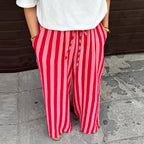 Relaxed Striped Pants For Women With Elastic Waist And Lace Up Detail Wide Leg Straight Trousers