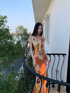 Floral Maxi Dress With Backless Design V Neck Halter Dress