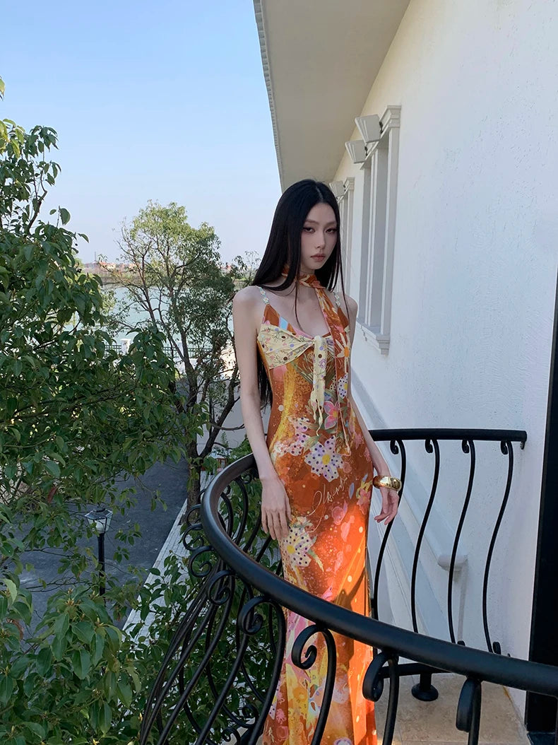 Floral Maxi Dress With Backless Design V Neck Halter Dress