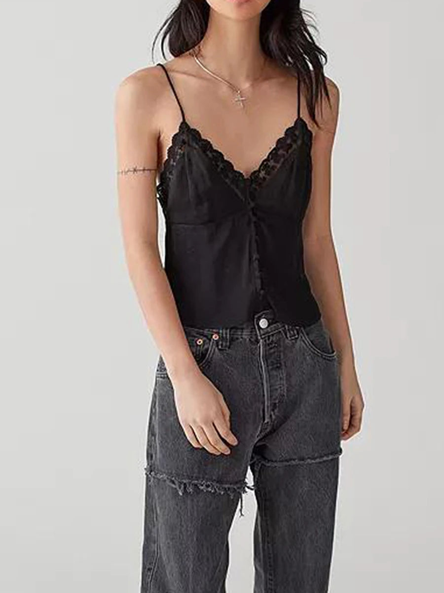 Dreamy V Neck Lace Trim Spaghetti Tank Top With Backless