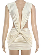 Patchwork Ruched Deep V Neck Sleeveless Backless Bodycon Dress