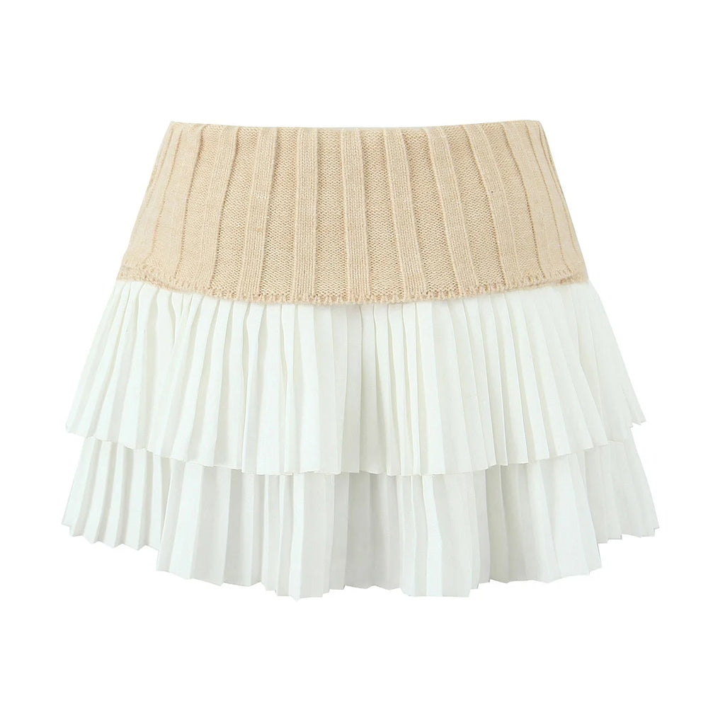 Knit Color Block Mini Skirt High Waisted Pleated