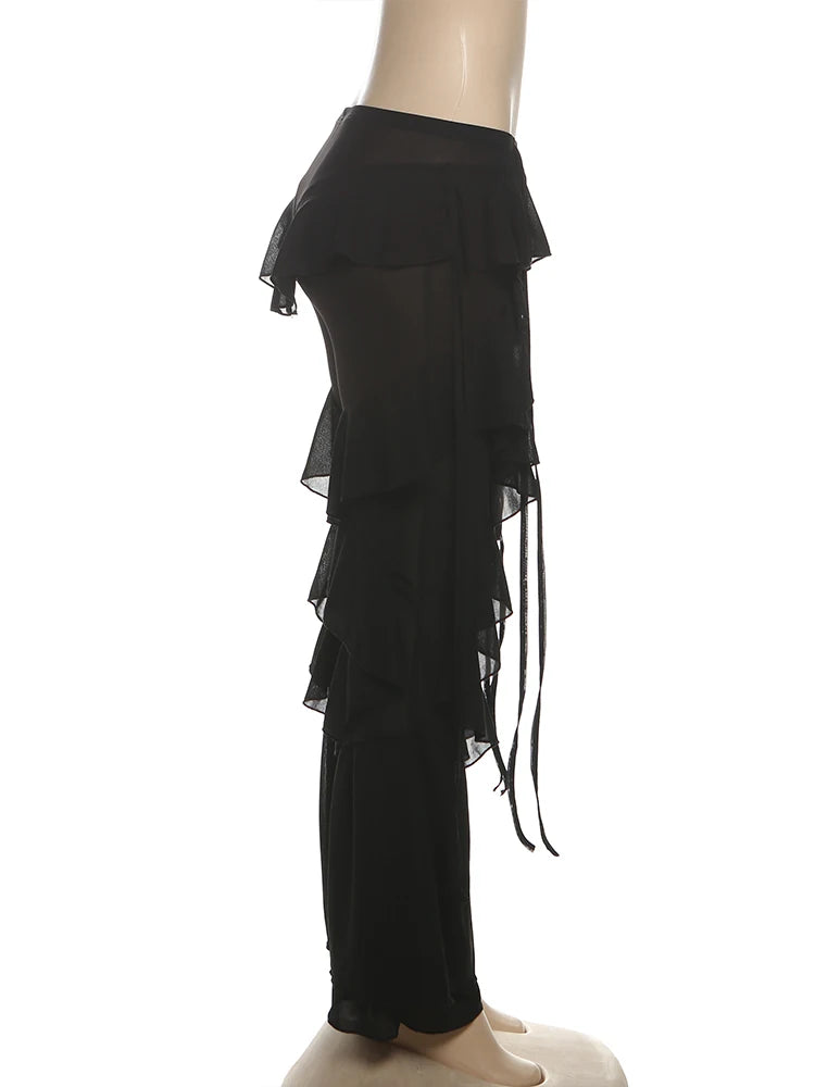 Irregular Tiered Flare Pants With Patchwork See Through