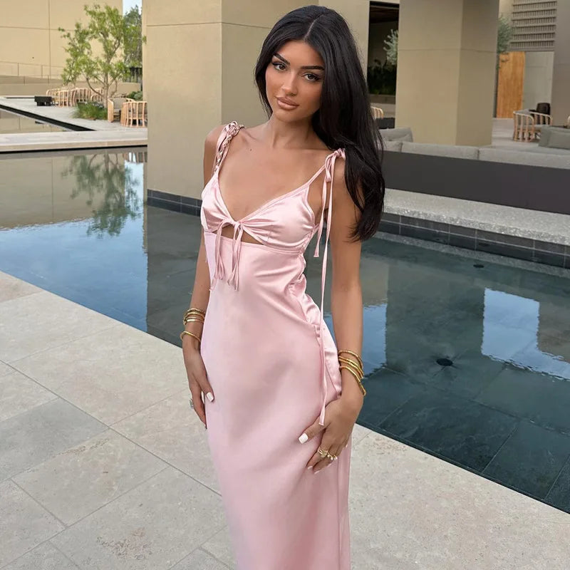 Backless Lace Up Midi Dress With Spaghetti Straps