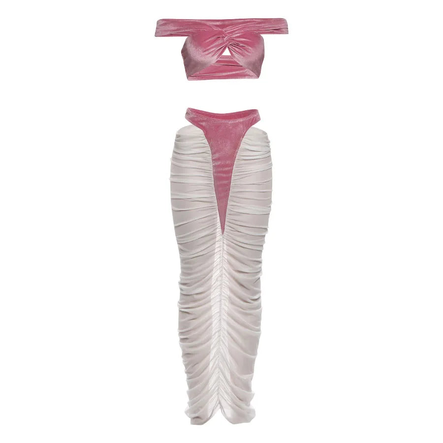 Velvet Two-piece Set Hollow Tank Top And Ruched Skirt Coquette Vibe