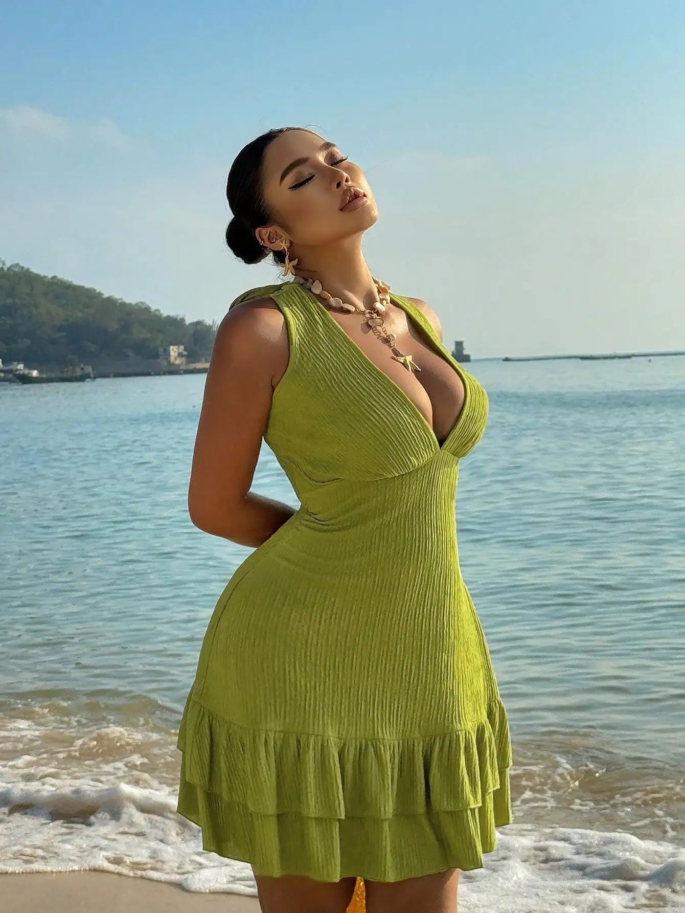 Plus Size Halter Dress With Deep V Neck And Ruffles