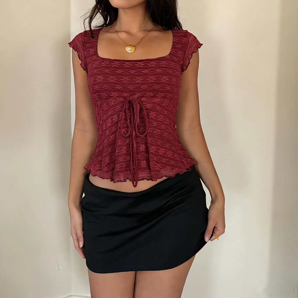 Sexy Wood Ear Lace-Tie Women Y2k Slim Square Collar Short Sleeve Camisole