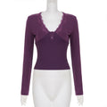 Romantic Purple Lace Patchwork Knit Top With Elegant V Neck