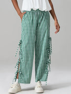 Plaid Wide Leg Pants With Side Tie Hollow Out Detail Loose Fit Trousers