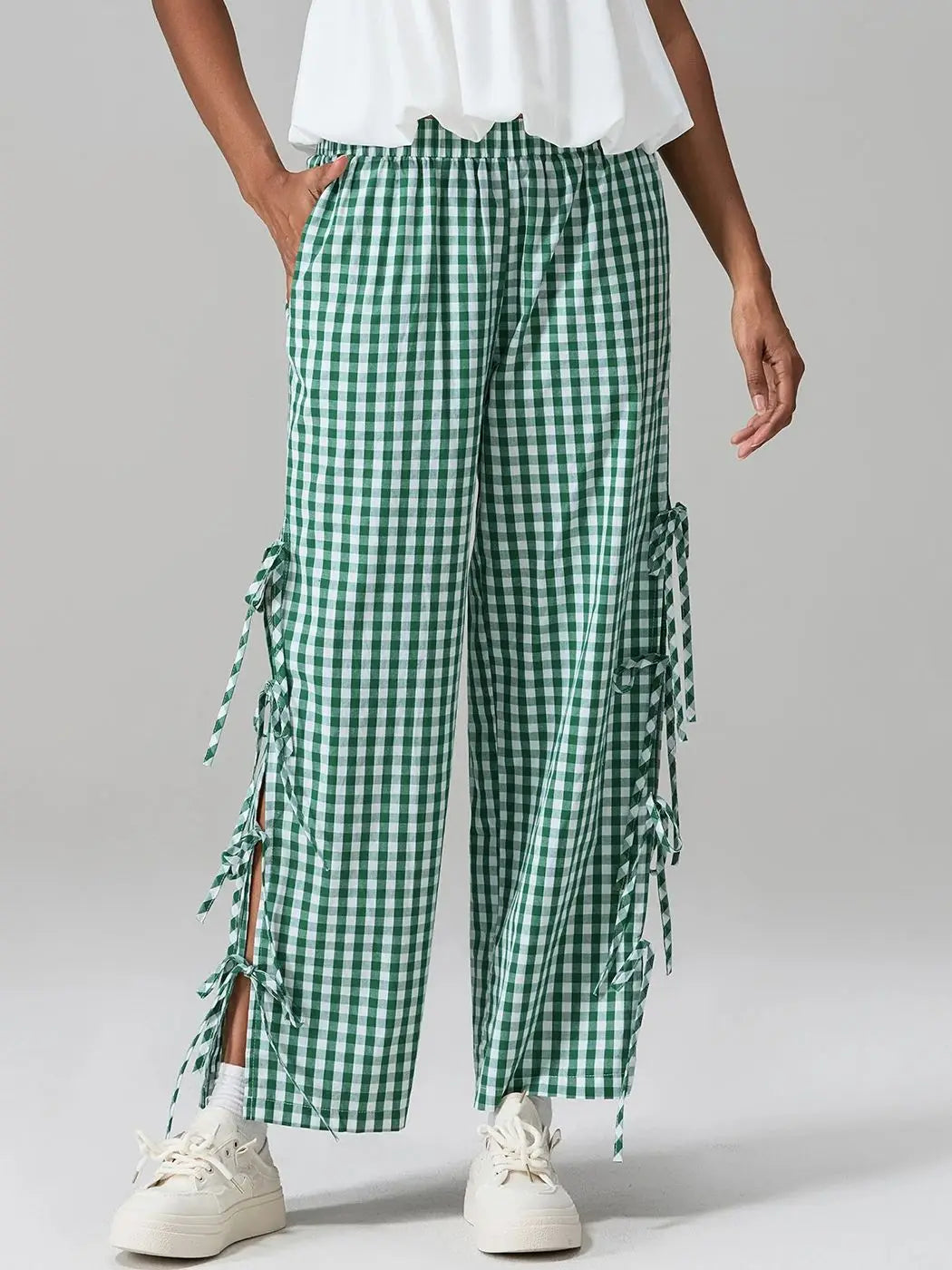 Plaid Wide Leg Pants With Side Tie Hollow Out Detail Loose Fit Trousers