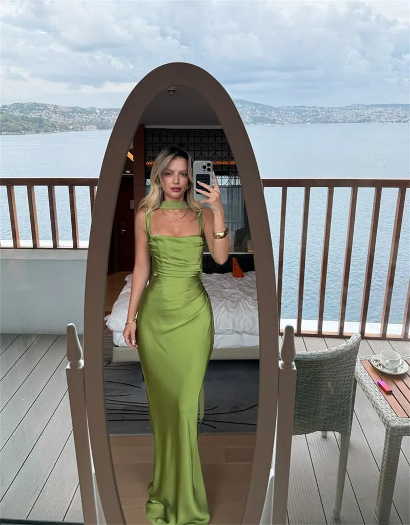 Elegant Satin Backless Halter Off-Shoulder Maxi Dress