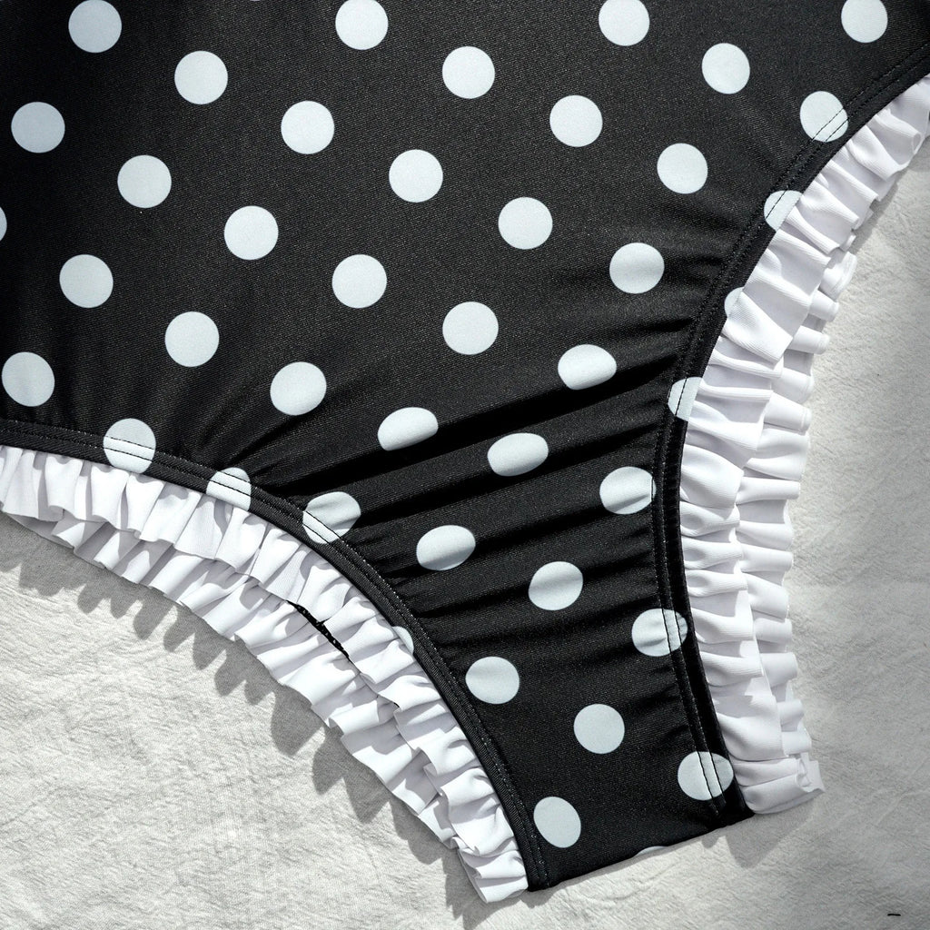 Vintage Black Polka Dot One Piece Swimsuit With Hollow Out Front And Bow Ruffle Lace Trim