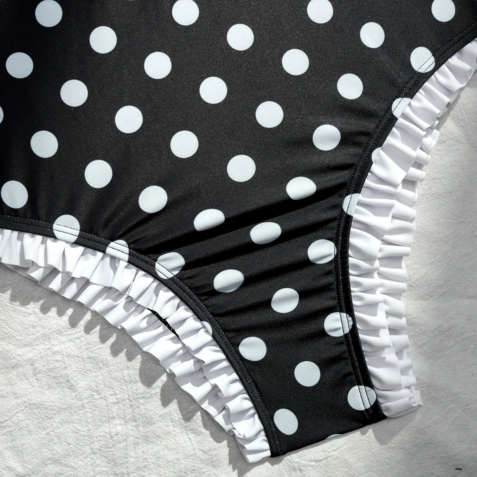 Vintage Black Polka Dot One Piece Swimsuit With Hollow Out Front And Bow Ruffle Lace Trim