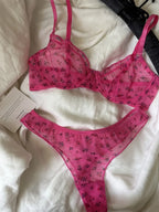 French Ultra Thin Lace Floral Lingerie Set With Plunge Mesh Bra And Matching Thong