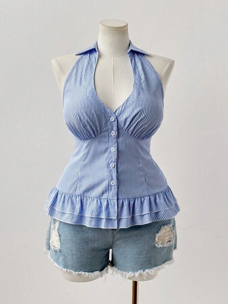 Blue Striped Sleeveless Shirt With Pleated Hem V Neck
