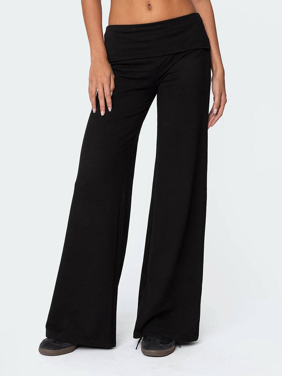 Casual Wide Leg Sweatpants Fold Over Waist Low Rise Flare Yoga Lounge